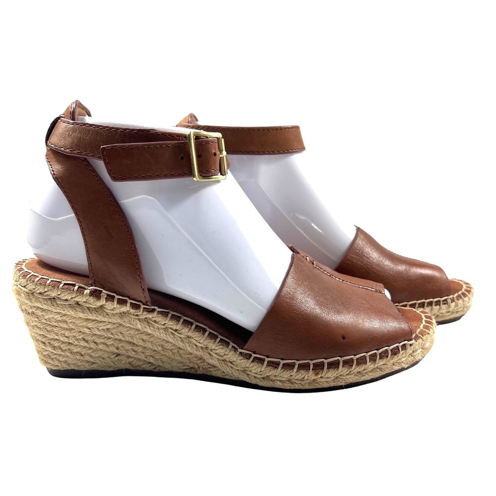 Clarks Artisan Tan Leather Espadrille Wedge Sandals Peep Toe Brown 6.5  GUC